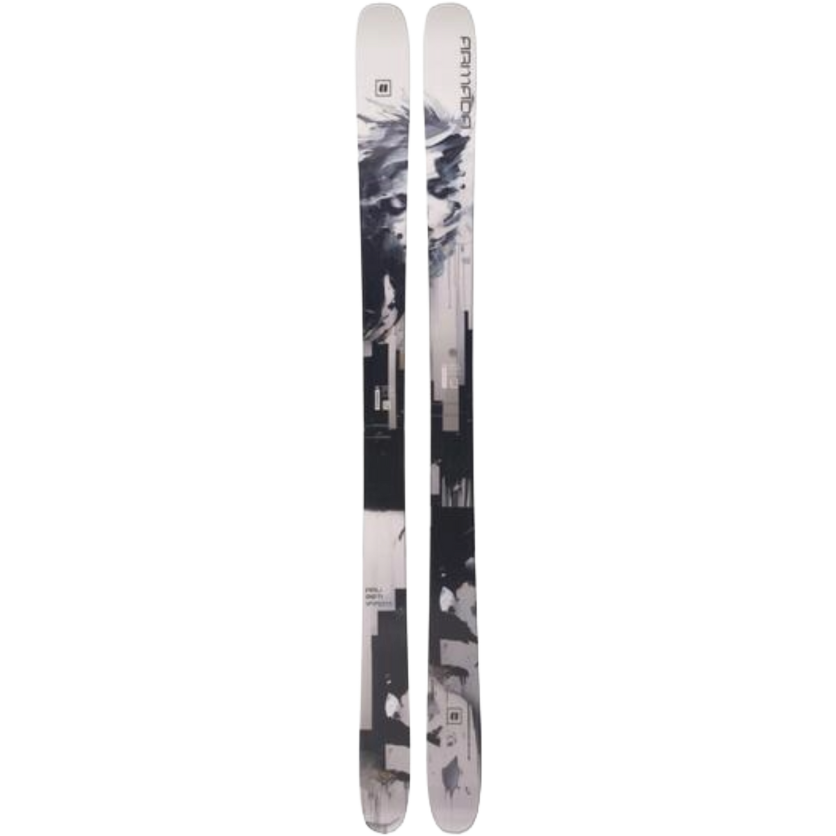 A pair of freestanding skis with a black, white, and gray abstract graphic pattern, shown vertically against a plain white background.