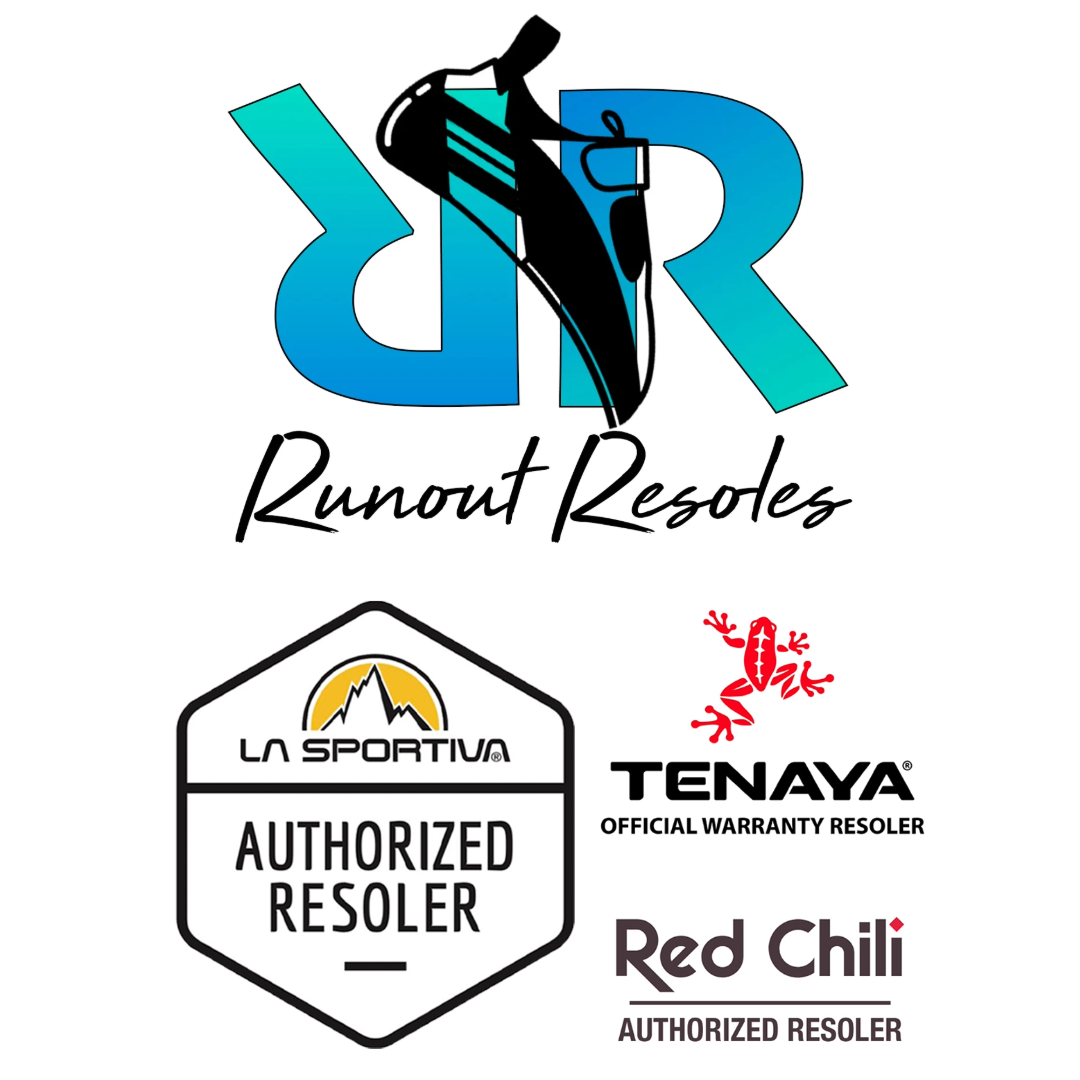 Logos of Runout Resoles, La Sportiva, Tenaya, and Red Chili on a white background