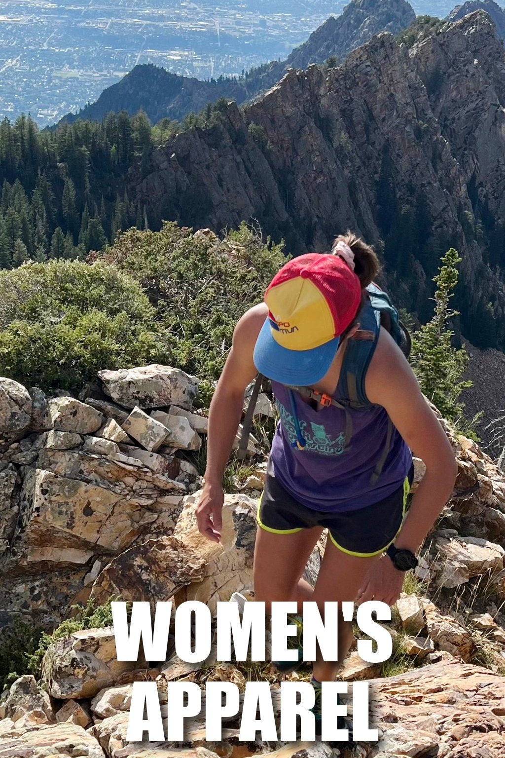 Photo of a woman climbing in the mountains of Utah - Overlay text: Women's Apparel