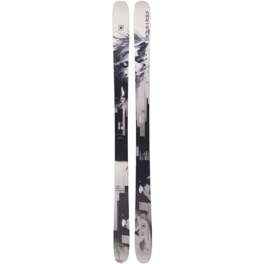 A pair of freestanding skis with a black, white, and gray abstract graphic pattern, shown vertically against a plain white background.