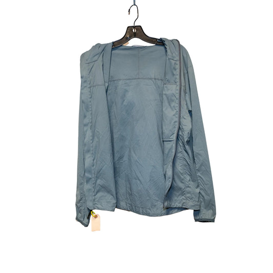 A light blue-green hooded jacket hanging on a black hanger against a plain white wall, with a small price tag attached near the hem.